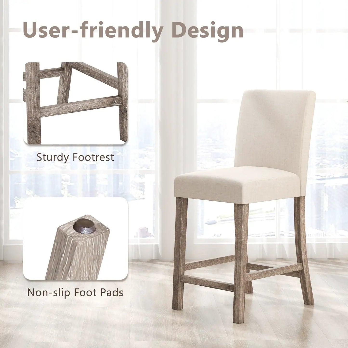Counter Bar Stool DirectDeals with Back and Footrest woodgrain frame beige fabric 2pk on Tampa Home & Garden Store