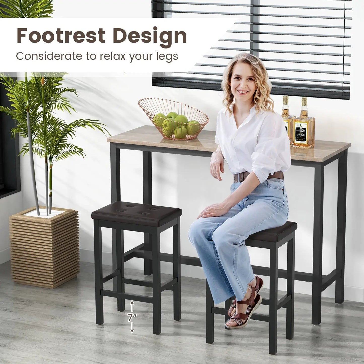 Pair of 24 inch bar stools from DirectDeals with padded brown seats and footrests, black frames on Tampa Home & Garden Store