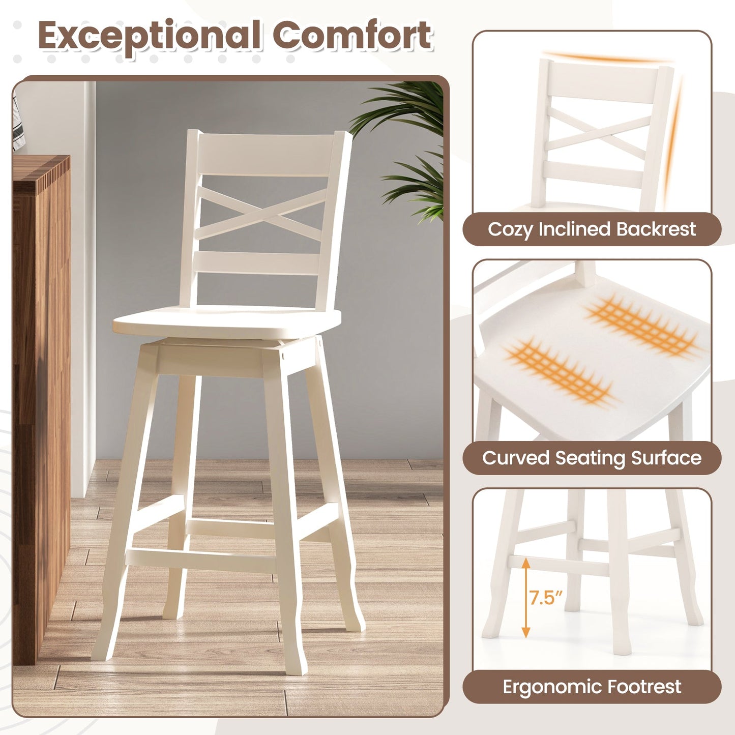 DirectDeals Swivel 24-Inch Counter Height Bar Stools Set of 2, white with X-back, curved seat on Tampa Home & Garden Store