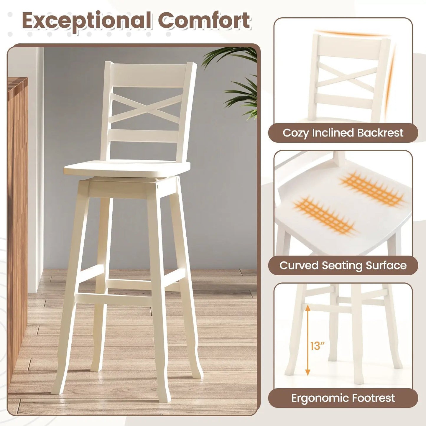 Swivel 30-inch bar height stool set of 2 in cream white with X-back cross design and footrests on Tampa Home & Garden Store