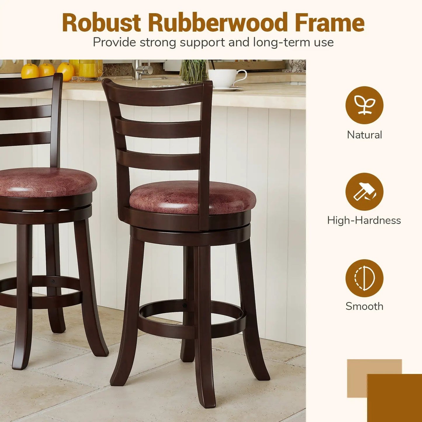 Counter Height Swivel Barstools with burgundy faux leather seats, dark wood frame, set of 2 on Tampa Home & Garden Store
