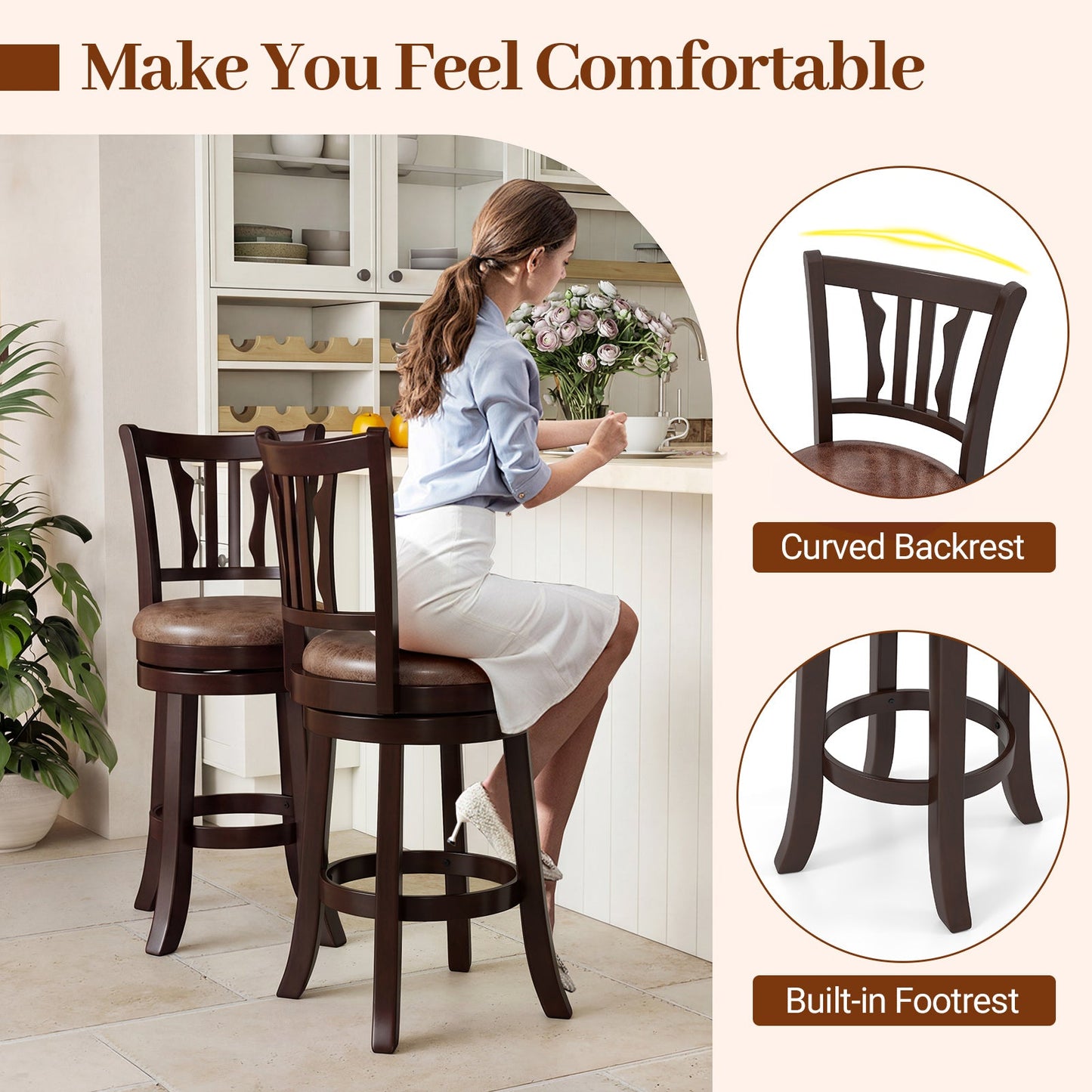 Counter Height Swivel Bar Stools set of 2, dark brown wood with curved back and cushioned seats on Tampa Home & Garden Store