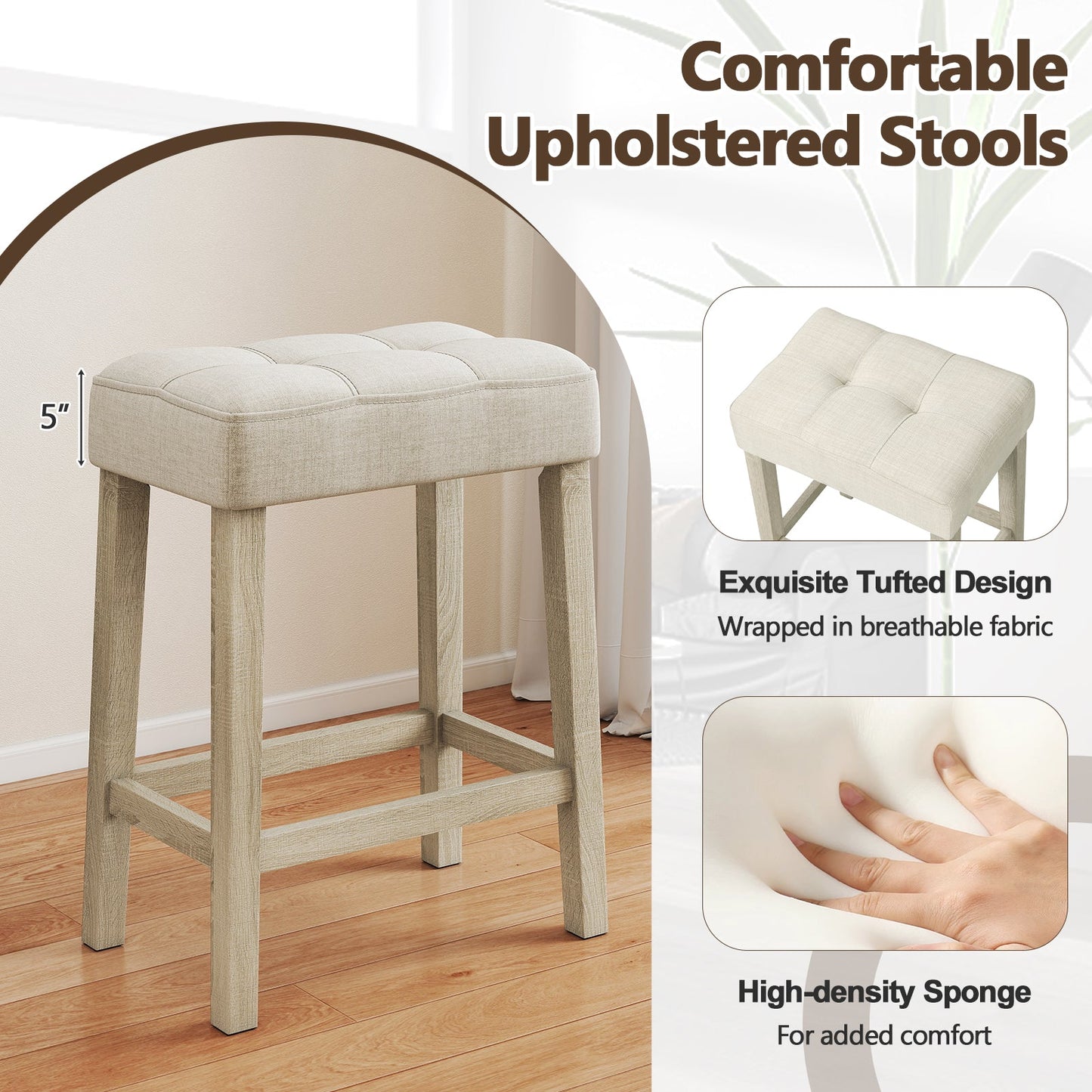 Counter-height bar stool with tufted gray fabric upholstery and light wood legs on Tampa Home & Garden Store