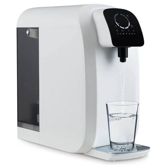 Countertop RO water filter with UV light, white DirectDeals unit pouring into glass on Tampa Home & Garden Store