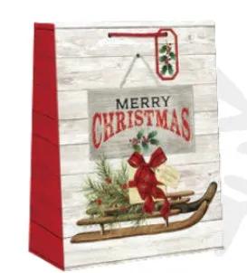 Gift bag Large Country Christmas runner sled design with white wood backdrop and red sides on Tampa Home & Garden Store