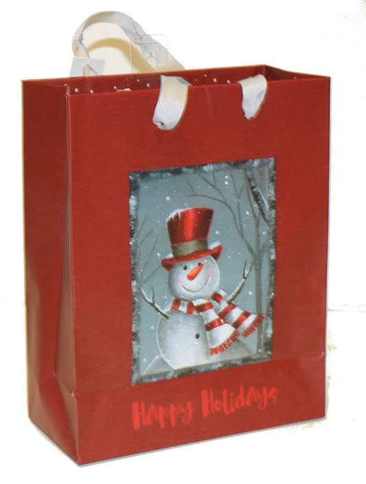 Country Medium Gift Bag red with snowman window, satin ribbon handles The Country Christmas Loft on Tampa Home & Garden Store