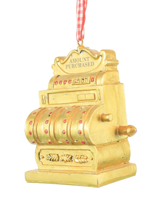 Gold-toned cash register ornament with AMOUNT PURCHASED plaque, red dot buttons, and red gingham ribbon hanger on Tampa Home & Garden Store