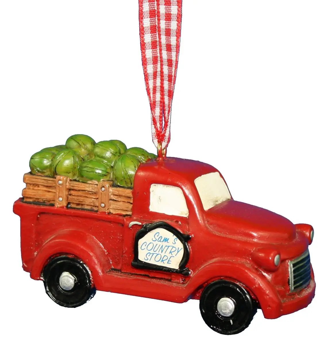 Country Store ornament red vintage truck with green fruit in crates and Sam's sign on Tampa Home & Garden Store