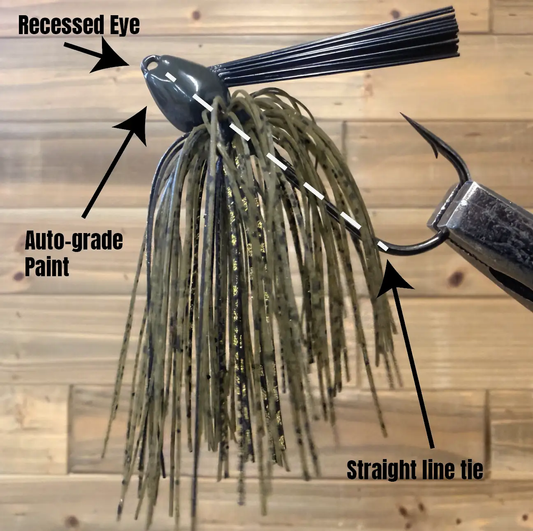 Cover Crawler Jig for bass fishing by 4x4bassjigs with olive-green skirt and recessed eye on Tampa Home & Garden Store