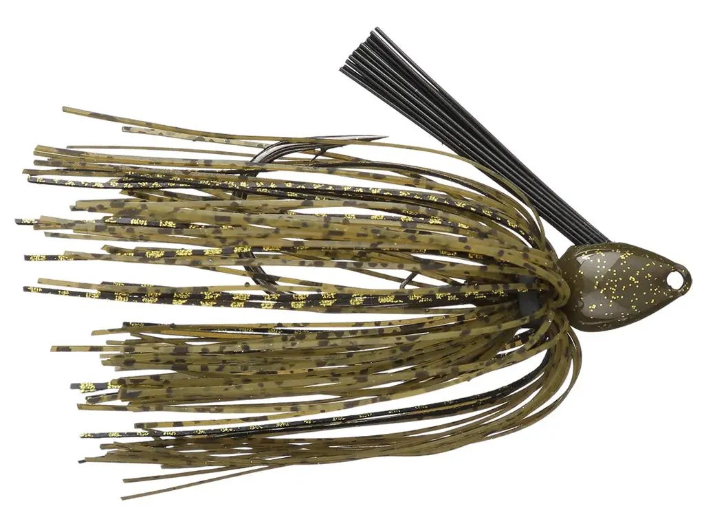 Cover Crawler Jig with olive-brown skirt and gold flecks for bass fishing tackle on Tampa Home & Garden Store