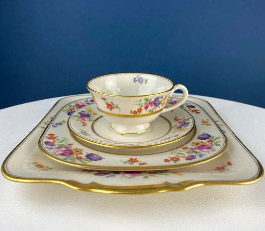 Coxon Belleek floral china antique serving set with cup and plates, gold trim on Tampa Home & Garden Store