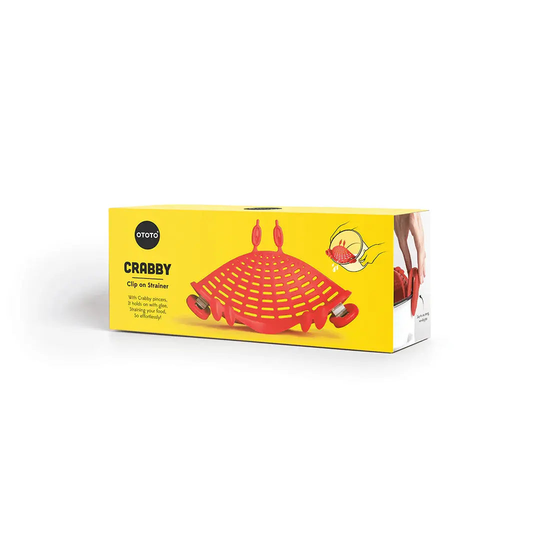 Crabby pasta strainer by OTOTO red crab design on yellow box on Tampa Home & Garden Store