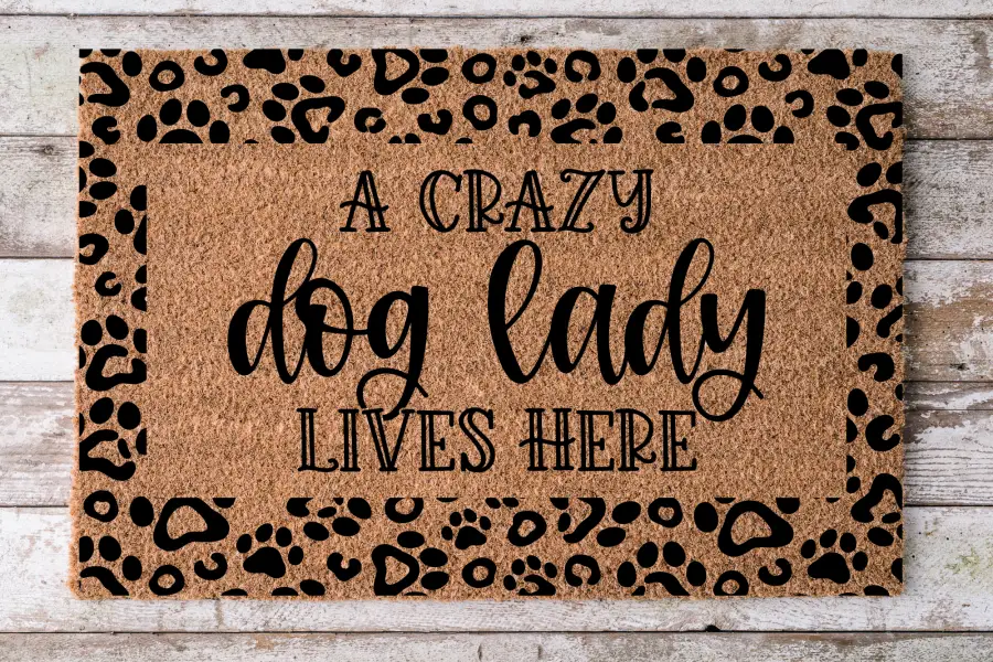 Door mat Crazy Dog Lady Animal Print Coir by DecoExchange with leopard border and black lettering on Tampa Home & Garden Store