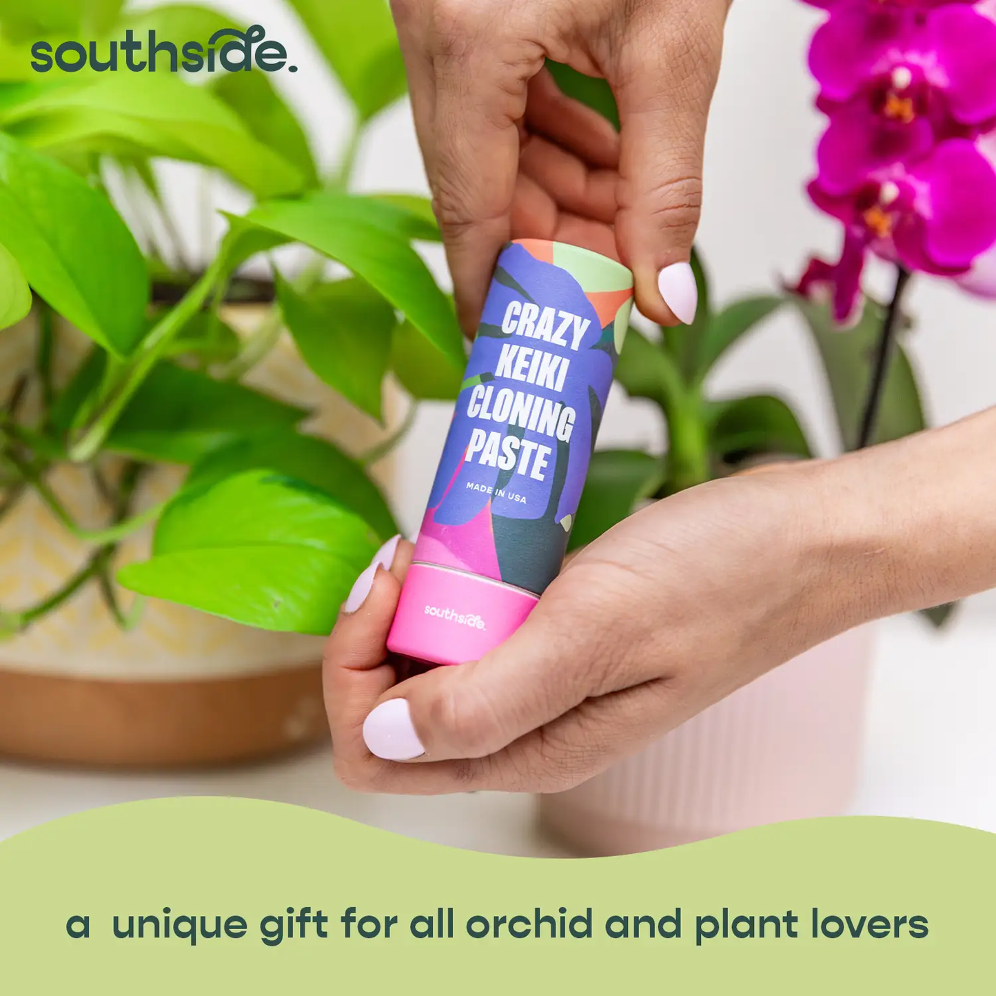 Keiki cloning paste tube with Crazy Keiki Cloning Paste label and cap southside held near plants on Tampa Home & Garden Store
