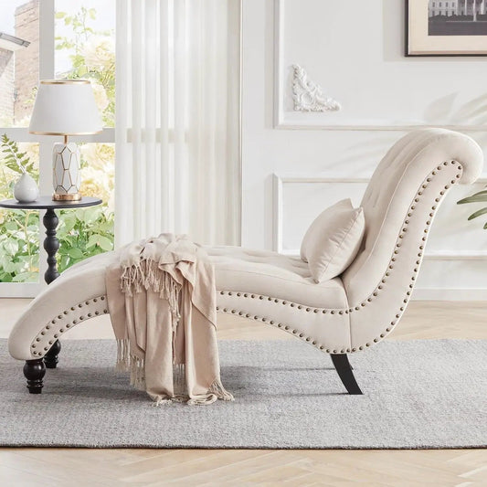 Cream Beige Linen Upholstered Armless Chaise Lounge Chair with Pillow - Tampa Home & Garden Store