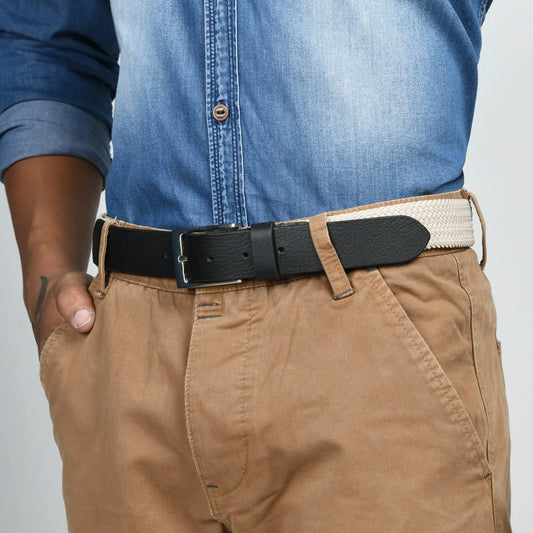 Cream and Black Braided Canvas Leather Belt worn with denim shirt and khaki pants on Tampa Home & Garden Store