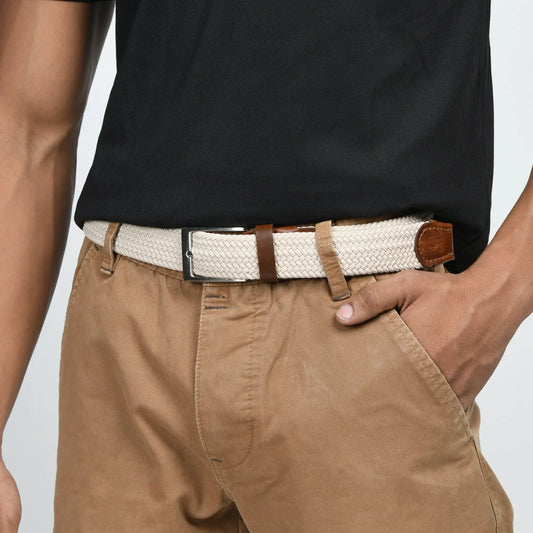 Cream and brown braided canvas leather belt with brown leather tips and a silver buckle on Tampa Home & Garden Store