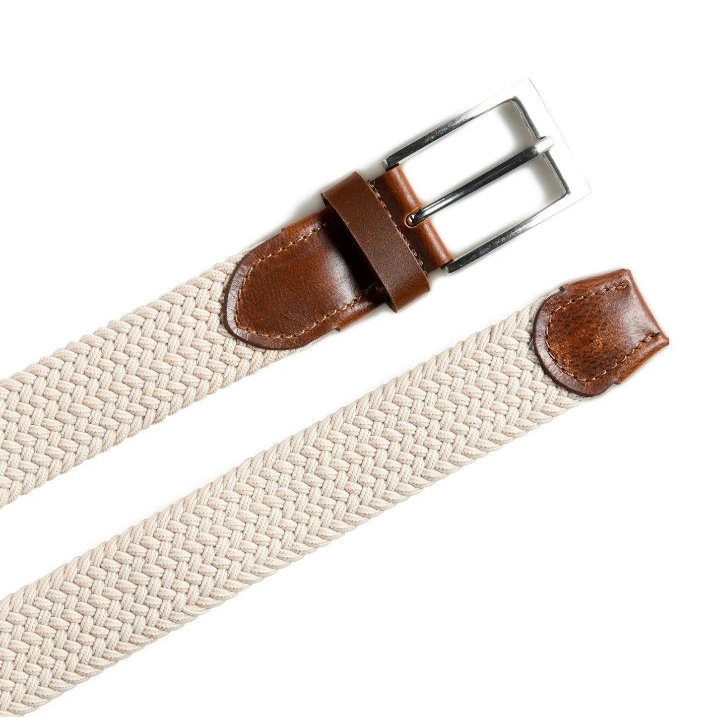 Cream and brown braided canvas leather belt with metal buckle and leather tabs on Tampa Home & Garden Store