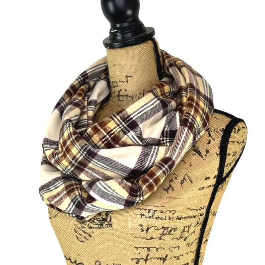 Cream and rust plaid flannel infinity scarf in warm autumn hues on Tampa Home & Garden Store