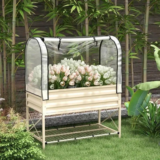 Cream elevated metal raised garden bed with clear greenhouse cover on Tampa Home & Garden Store