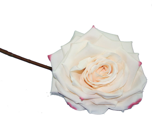 Cream Open Rosebud artificial flower with pink-tipped petals on brown stem on Tampa Home & Garden Store