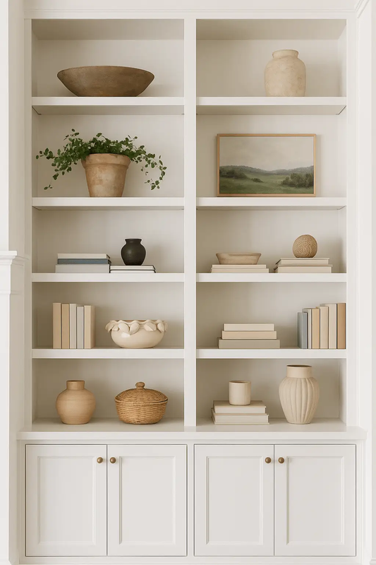 Cream stoneware decorative bowl on a white built-in shelf among neutral decor on Tampa Home & Garden Store