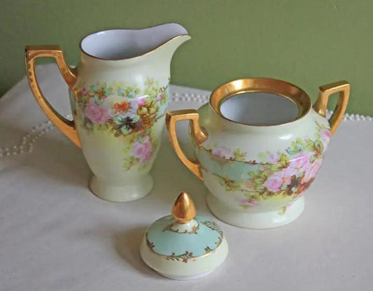 Antique Bavarian porcelain creamer and sugar bowl set with lid, floral pattern, gold trim on Tampa Home & Garden Store