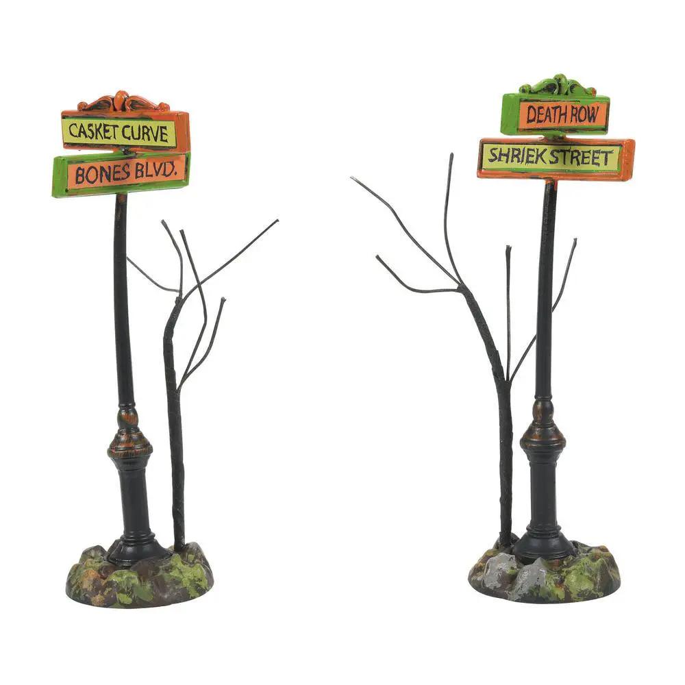 Creepy Village Street Signs for Halloween Decor, two orange panels on black lamp posts on Tampa Home & Garden Store