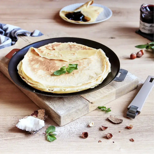 Crepe pan with removable handle, 12-inch nonstick by Cristel USA, crepes on pan on Tampa Home & Garden Store