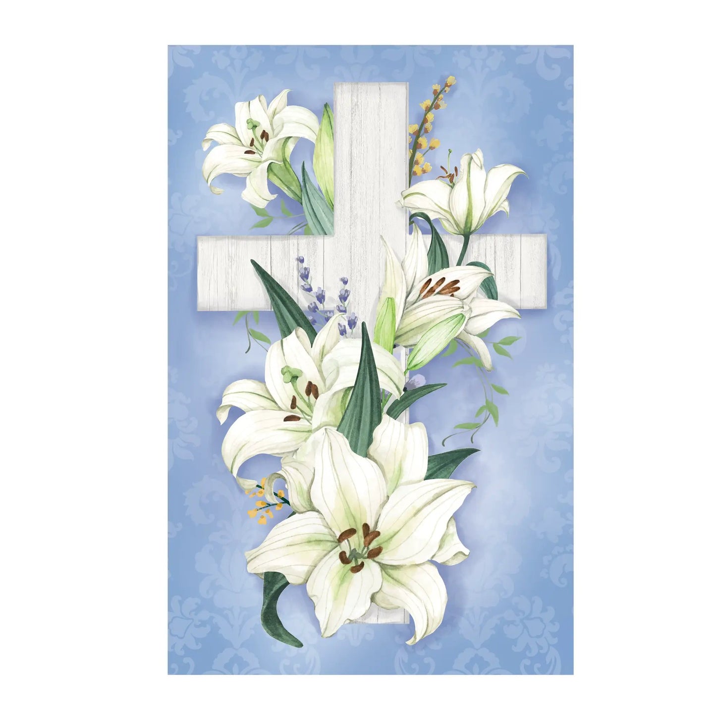 Cross of Lilies Applique Garden Flag Evergreen Enterprises, lilies with distressed cross on blue on Tampa Home & Garden Store