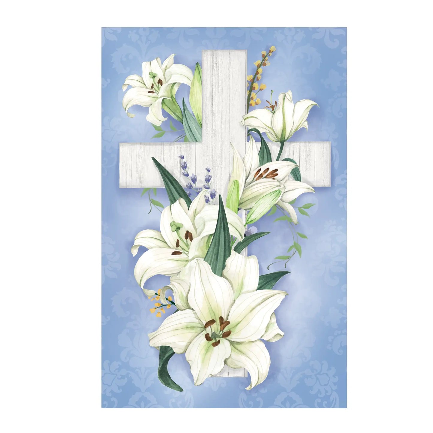 Cross of Lilies Applique Flag Evergreen with white lilies and white cross on blue backdrop on Tampa Home & Garden Store