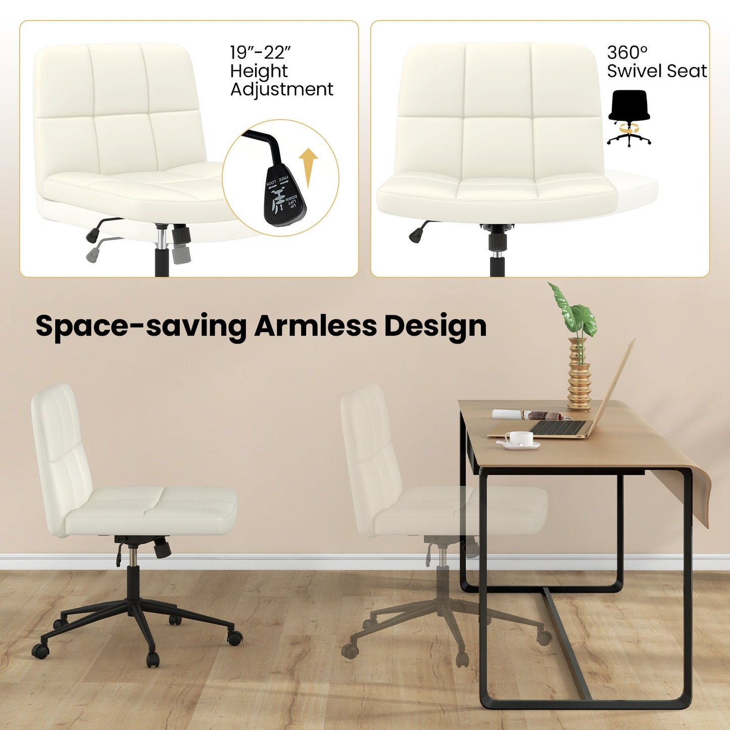 Silla de escritorio sin brazos, regulable en altura, con ruedas para oficina en casa/maquillaje - Beige