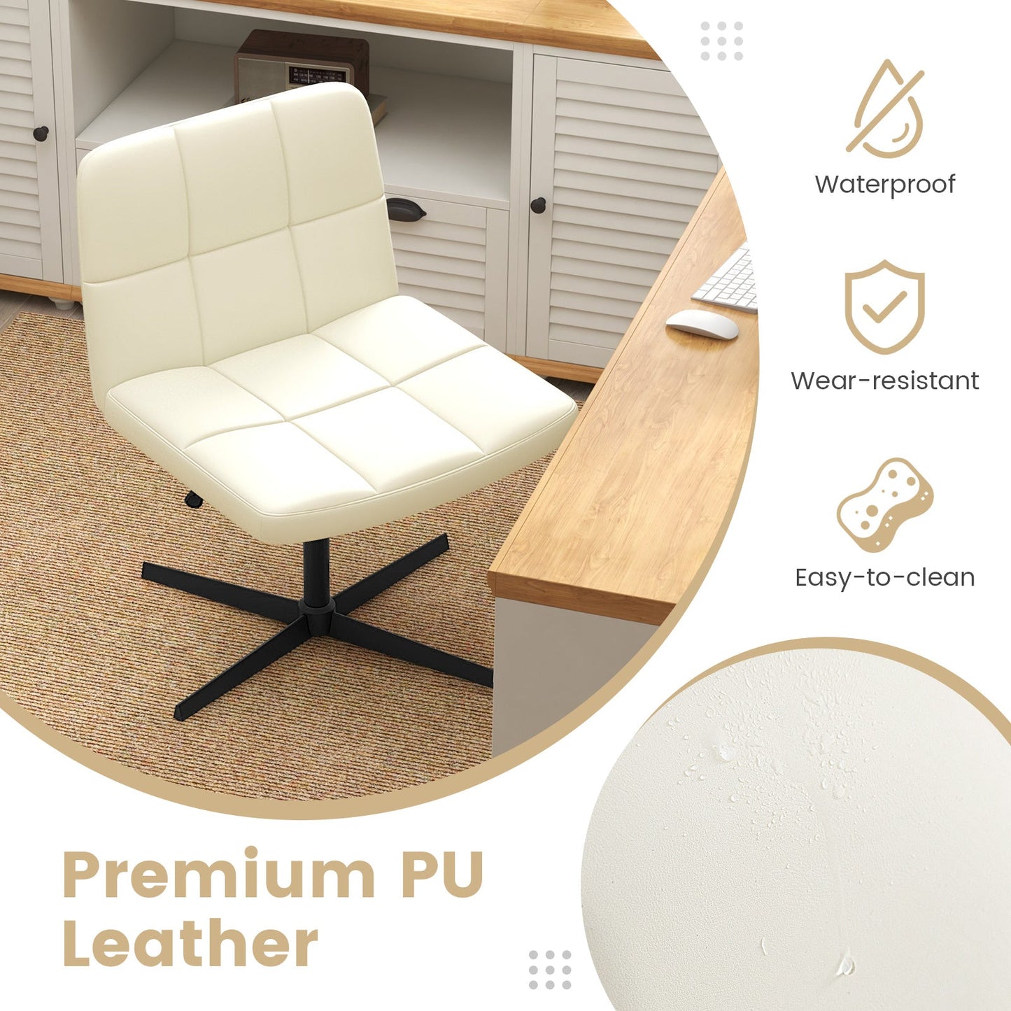 Silla de oficina tapizada en cuero sintético con patas cruzadas y asiento en U de gran tamaño para oficina en casa/maquillaje - Beige