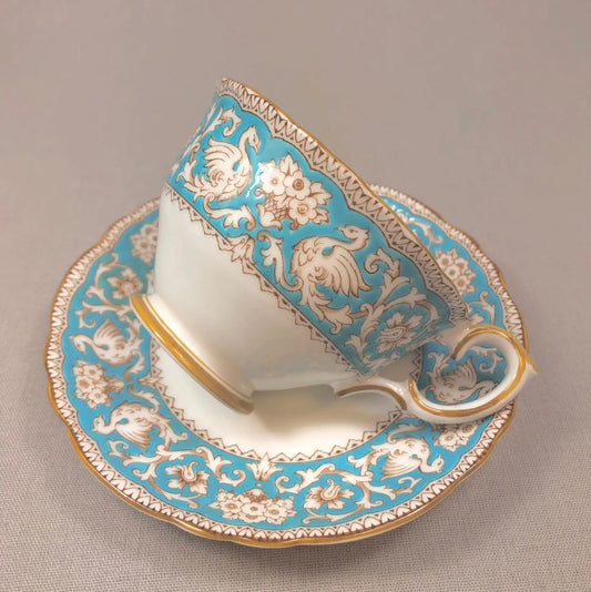 Crown Staffordshire Ellesmere tea cup and saucer turquoise trim with white and gold accents on Tampa Home & Garden Store