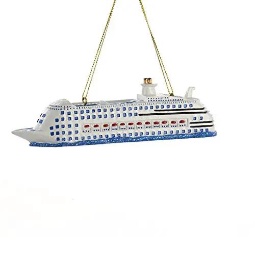 Cruise Ship Personalization Ornament white cruise liner with blue windows and gold hanging cord on Tampa Home & Garden Store