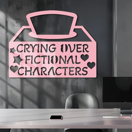 Crying Over Fictional Characters metal wall art pink by Enova Art with hearts for girl power on Tampa Home & Garden Store