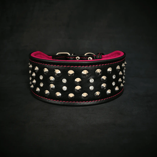 Crystal Leather Collar 2.8in wide black leather with pink lining and studded accents Bestia Dog Gear on Tampa Home & Garden Store