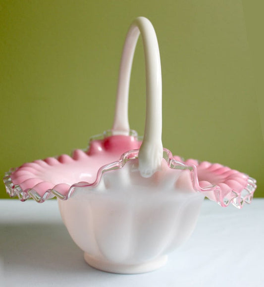 Crystal Basket / Pink Crest and Silvercrest Bowl with Handle. Ruffled Scalloped Rim. Gift for Her. - Tampa Home & Garden Store