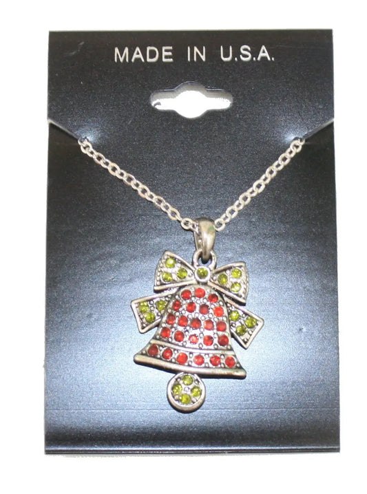 Duo Color Bell Charm on Link Chain Necklace with red and green stones on Tampa Home & Garden Store