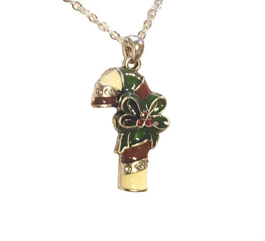 Crystal Candy Cane Necklace with Holly Bow pendant, holly leaves and red berries on Tampa Home & Garden Store