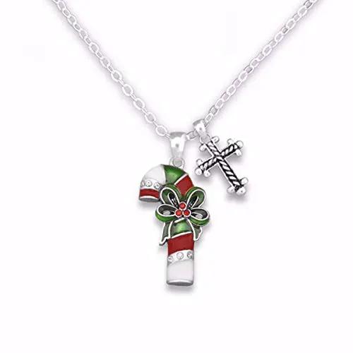 Crystal Candy Cane Necklace with Holly Bow pendant on silver chain, red/green enamel on Tampa Home & Garden Store