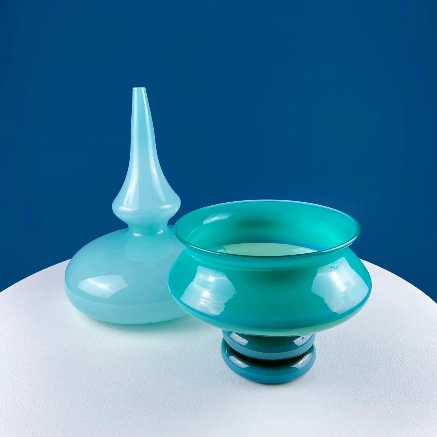 Footed candy bowl with Empoli lid in turquoise glass, mid-century decorative bowl on Tampa Home & Garden Store