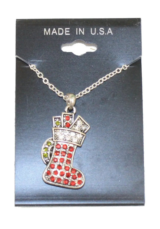 Three Color Stocking Charm on Link Chain Necklace with red, green and clear crystals on Tampa Home & Garden Store