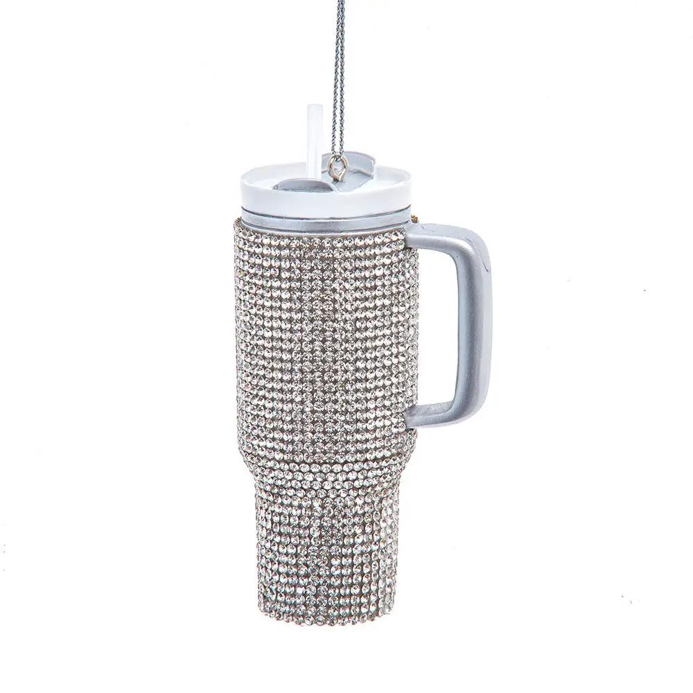 Glamorous Crystal Tumbler Ornament with silver rhinestone wrap and white lid, hanging decor on Tampa Home & Garden Store