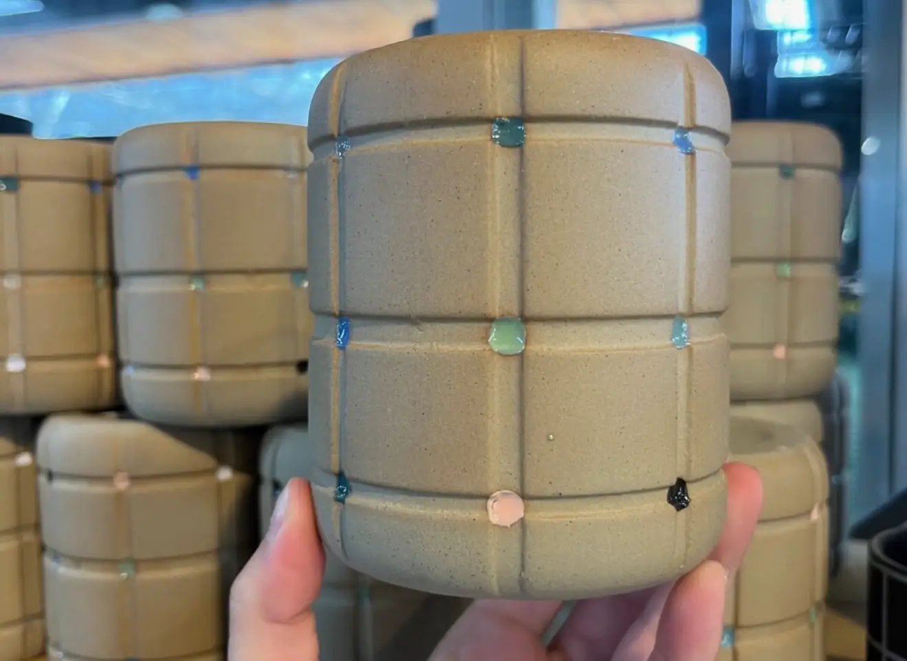 Cubism Plant Pot beige ceramic with geometric grid and Terra Cotta Botanical Boutique on Tampa Home & Garden Store