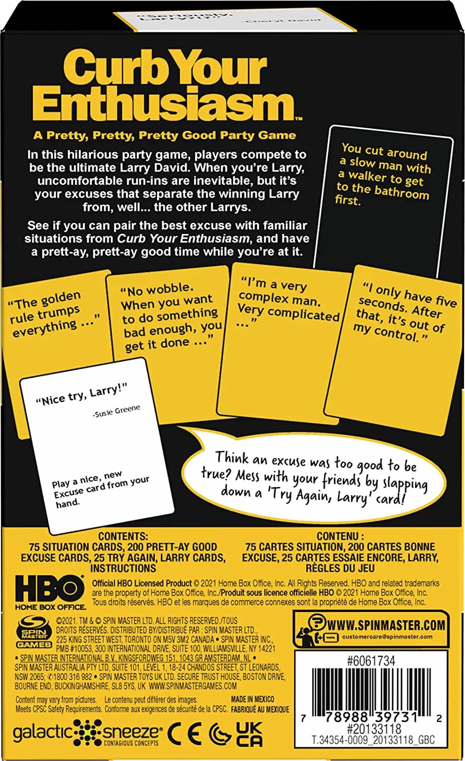 Curb Your Enthusiasm Party Game box front with bold yellow title and spread yellow cards on Tampa Home & Garden Store