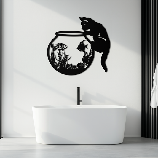 Curious Cat and Fishbowl Metal Wall Art - Playful Geometric Steel Decor - KAF135 - Tampa Home & Garden Store