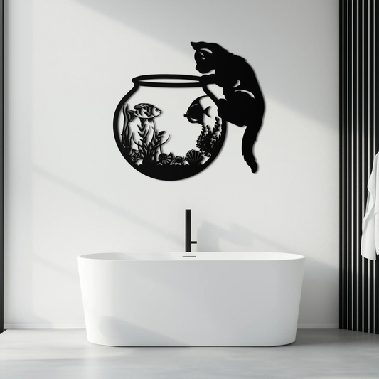 Curious Cat and Fishbowl metal wall art, black silhouette with fishbowl, modern steel decor on Tampa Home & Garden Store