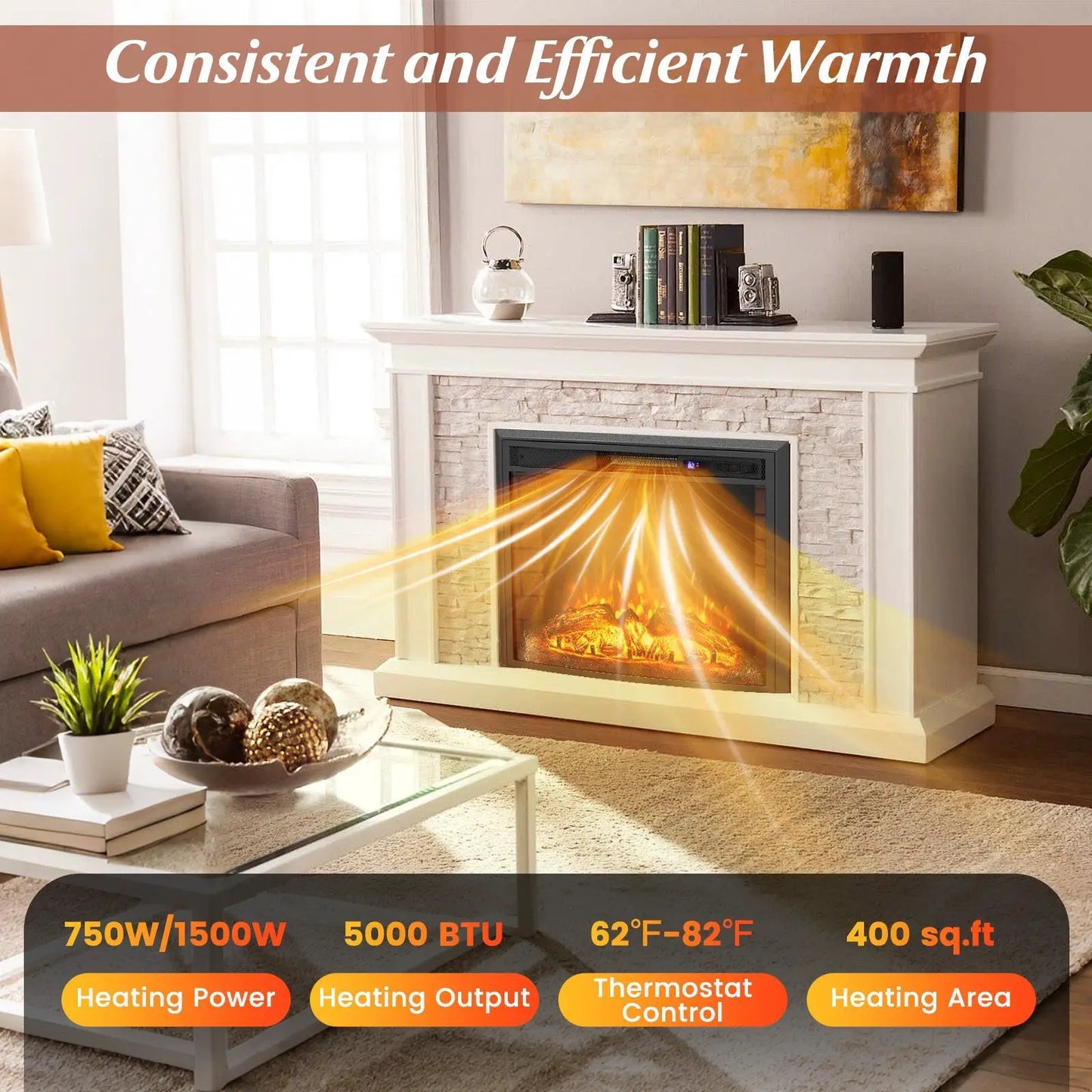 DirectDeals 26-inch curved recessed electric fireplace insert with glass front in living room on Tampa Home & Garden Store