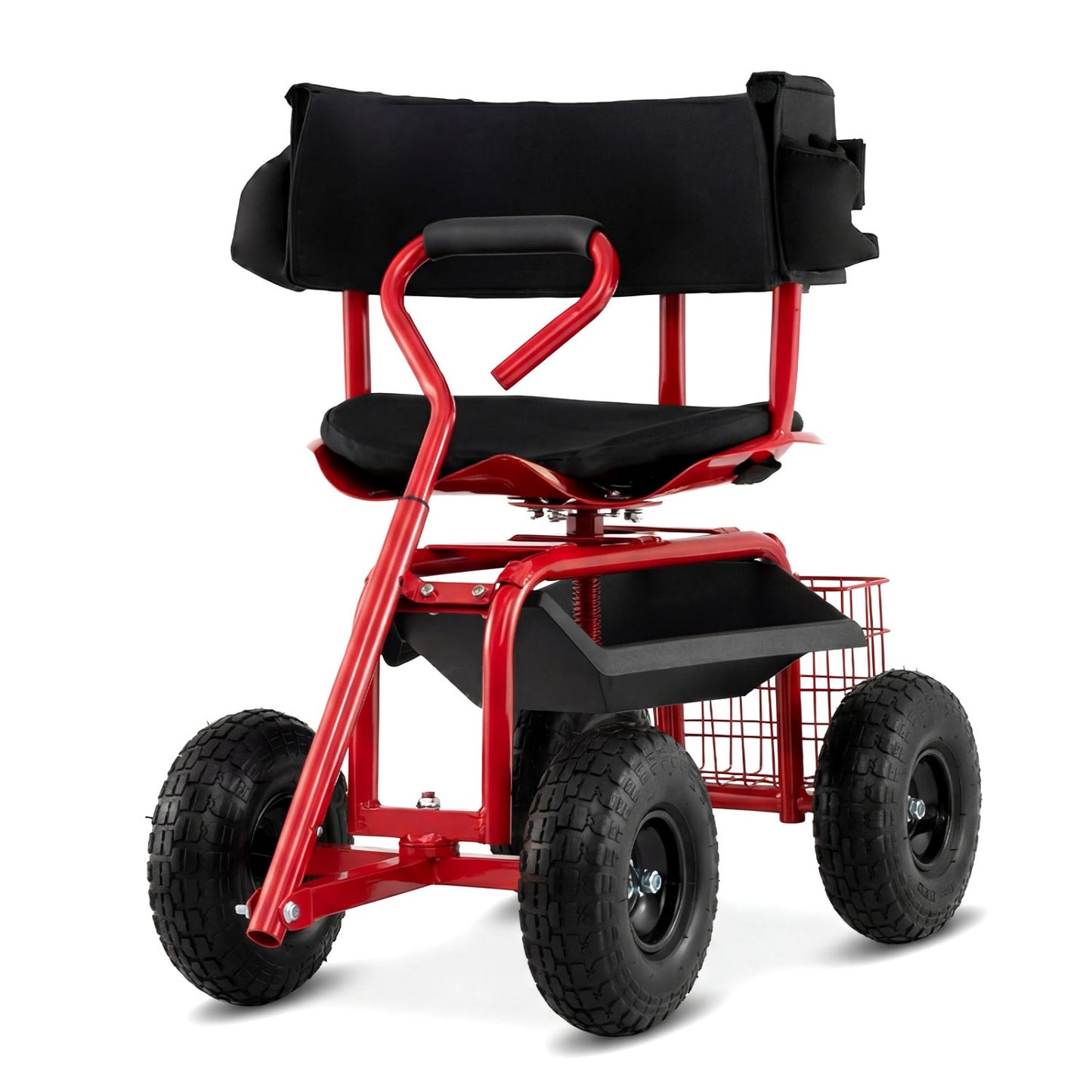 Cushioned Rolling Garden Cart Scooter with Storage Basket and Tool Pouch-Blue